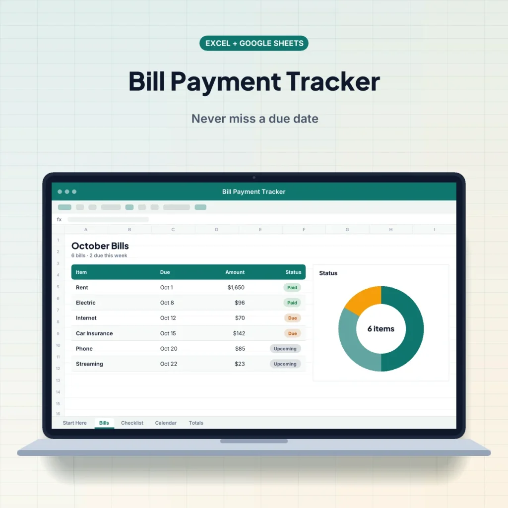 Bill Payment Tracker spreadsheet template on a laptop
