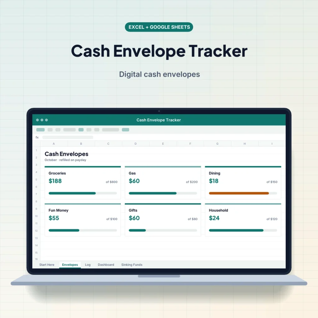 Cash Envelope Tracker spreadsheet template on a laptop