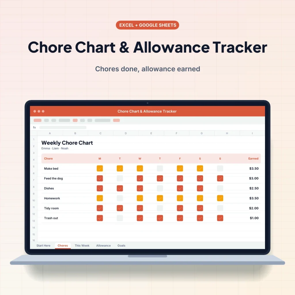 Chore Chart & Allowance Tracker spreadsheet template on a laptop