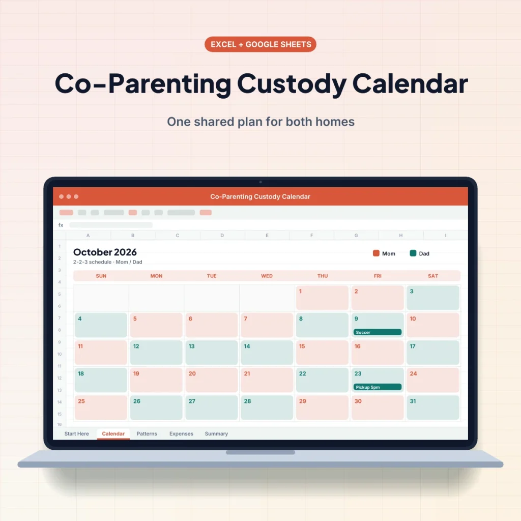 Co-Parenting Custody Calendar spreadsheet template on a laptop