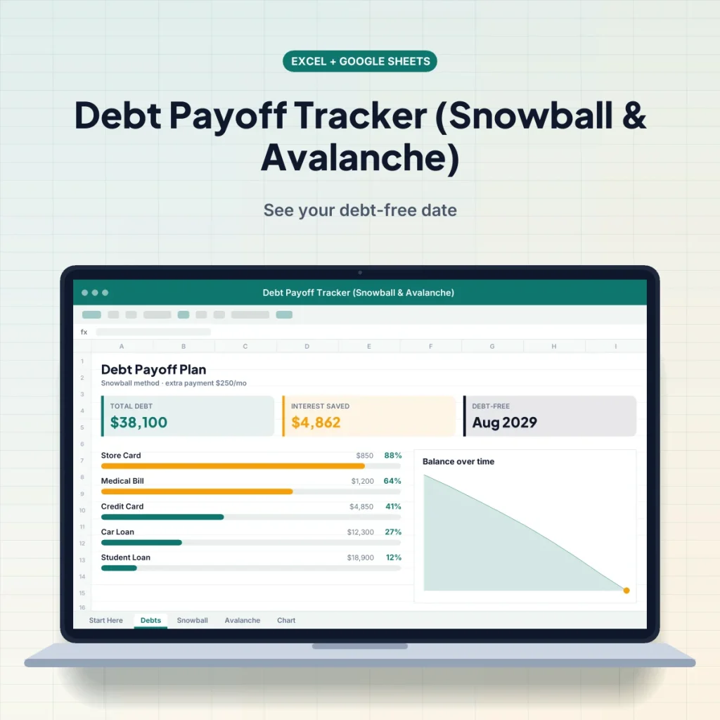 Debt Payoff Tracker (Snowball & Avalanche) spreadsheet template on a laptop