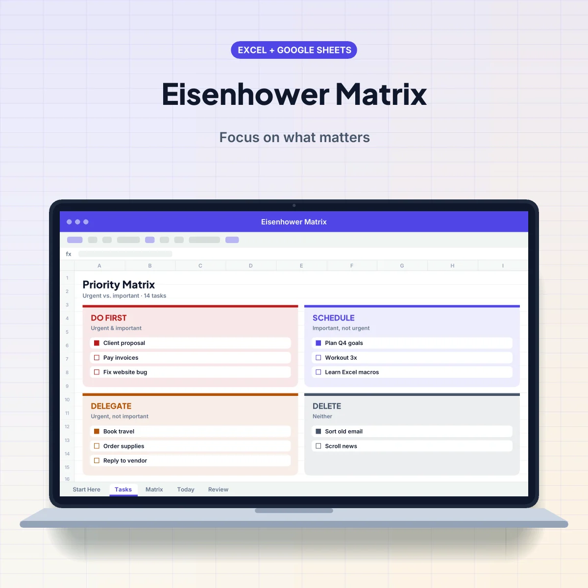 Eisenhower Matrix spreadsheet template on a laptop