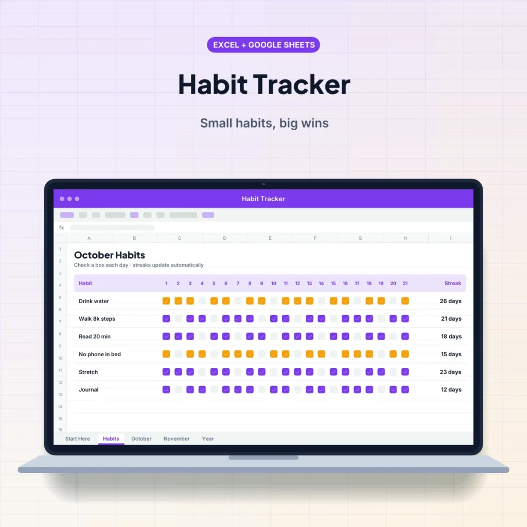 Habit Tracker spreadsheet template on a laptop