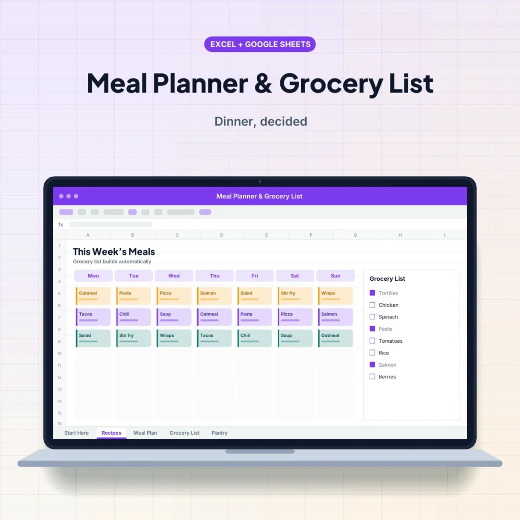 Meal Planner & Grocery List spreadsheet template on a laptop
