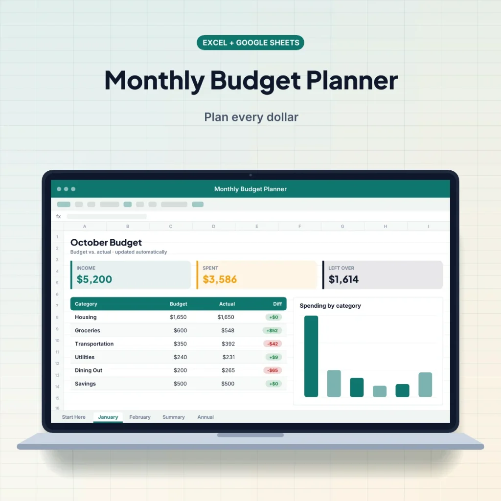 Monthly Budget Planner spreadsheet template on a laptop