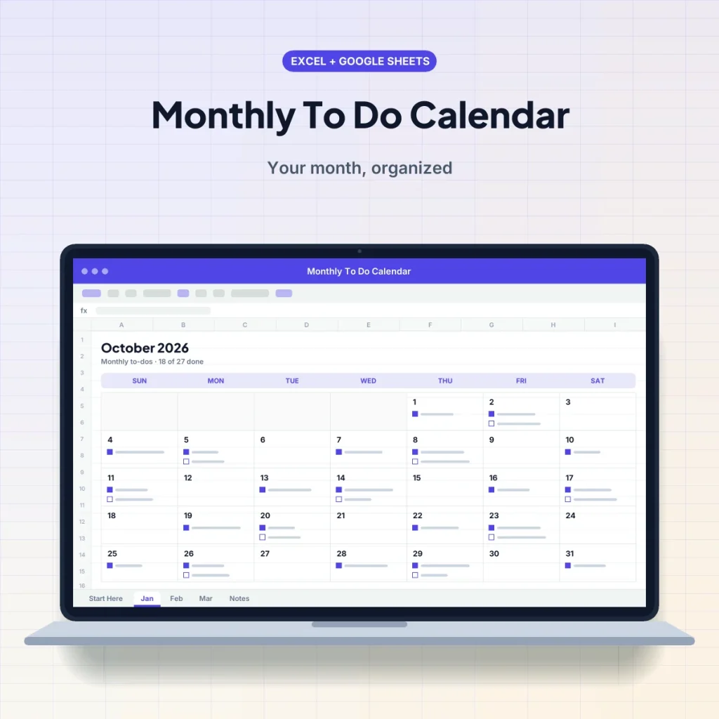 Monthly To Do Calendar spreadsheet template on a laptop