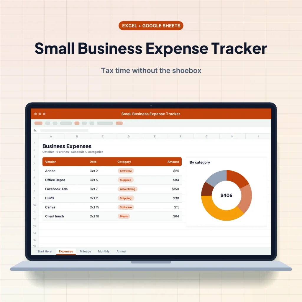 Small Business Expense Tracker spreadsheet template on a laptop