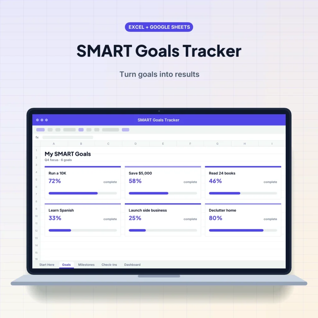 SMART Goals Tracker spreadsheet template on a laptop