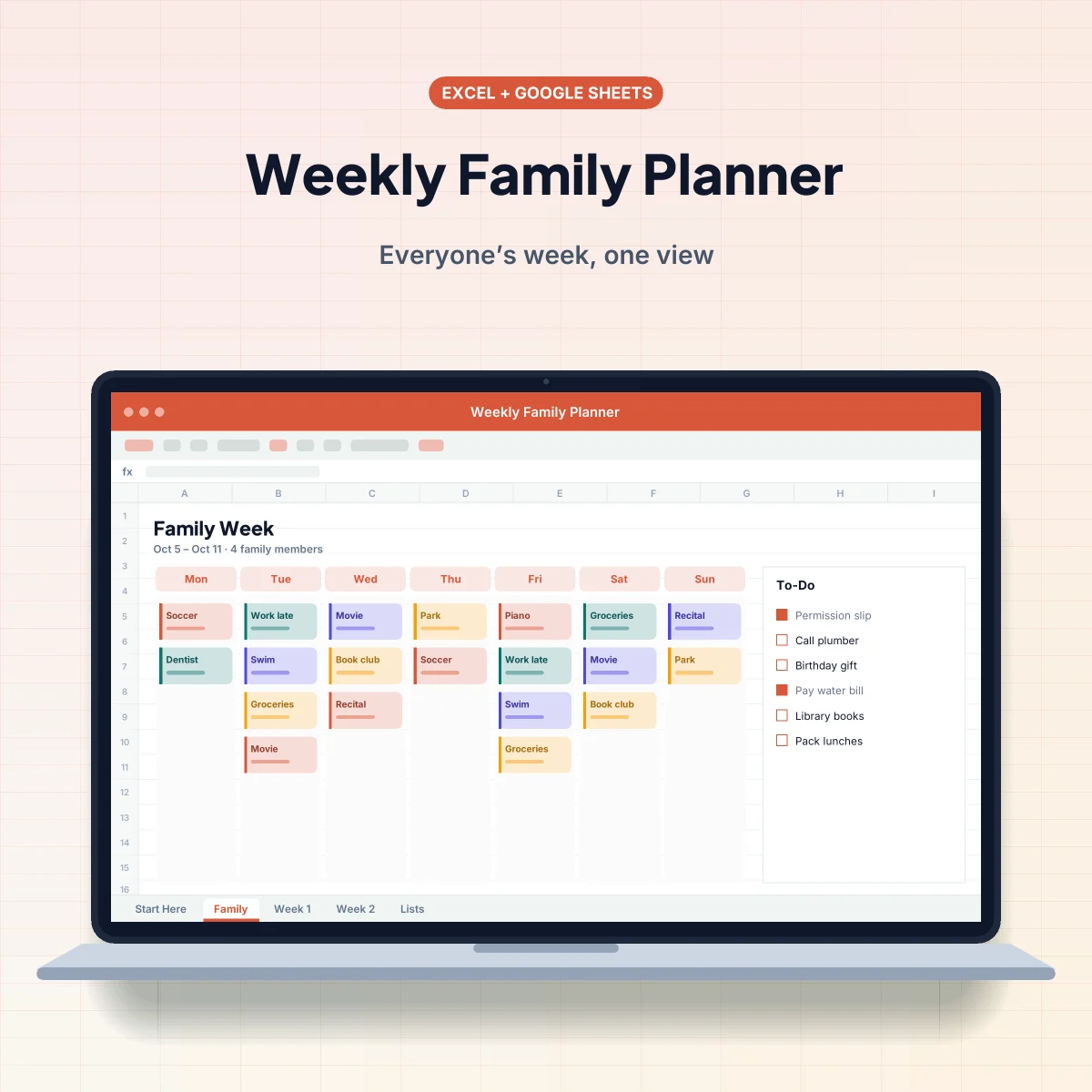 Weekly Family Planner spreadsheet template on a laptop