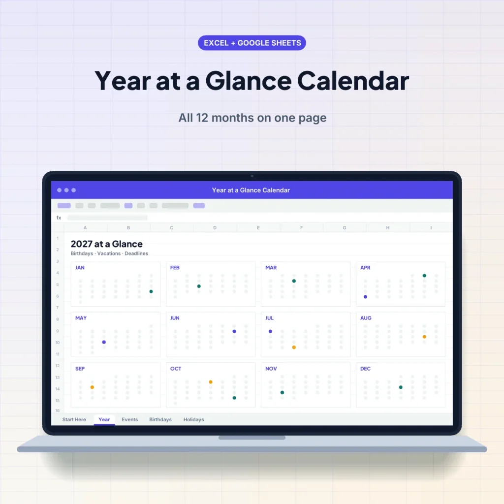Year at a Glance Calendar spreadsheet template on a laptop