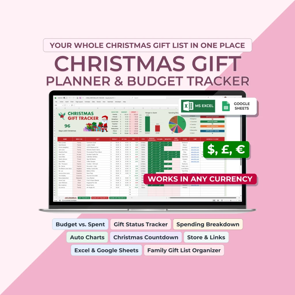 Christmas Gift Planner and Budget Tracker spreadsheet for Excel and Google Sheets, works in any currency
