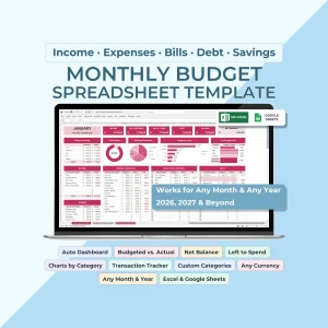 Monthly Budget Spreadsheet Template for Excel and Google Sheets with automatic dashboard