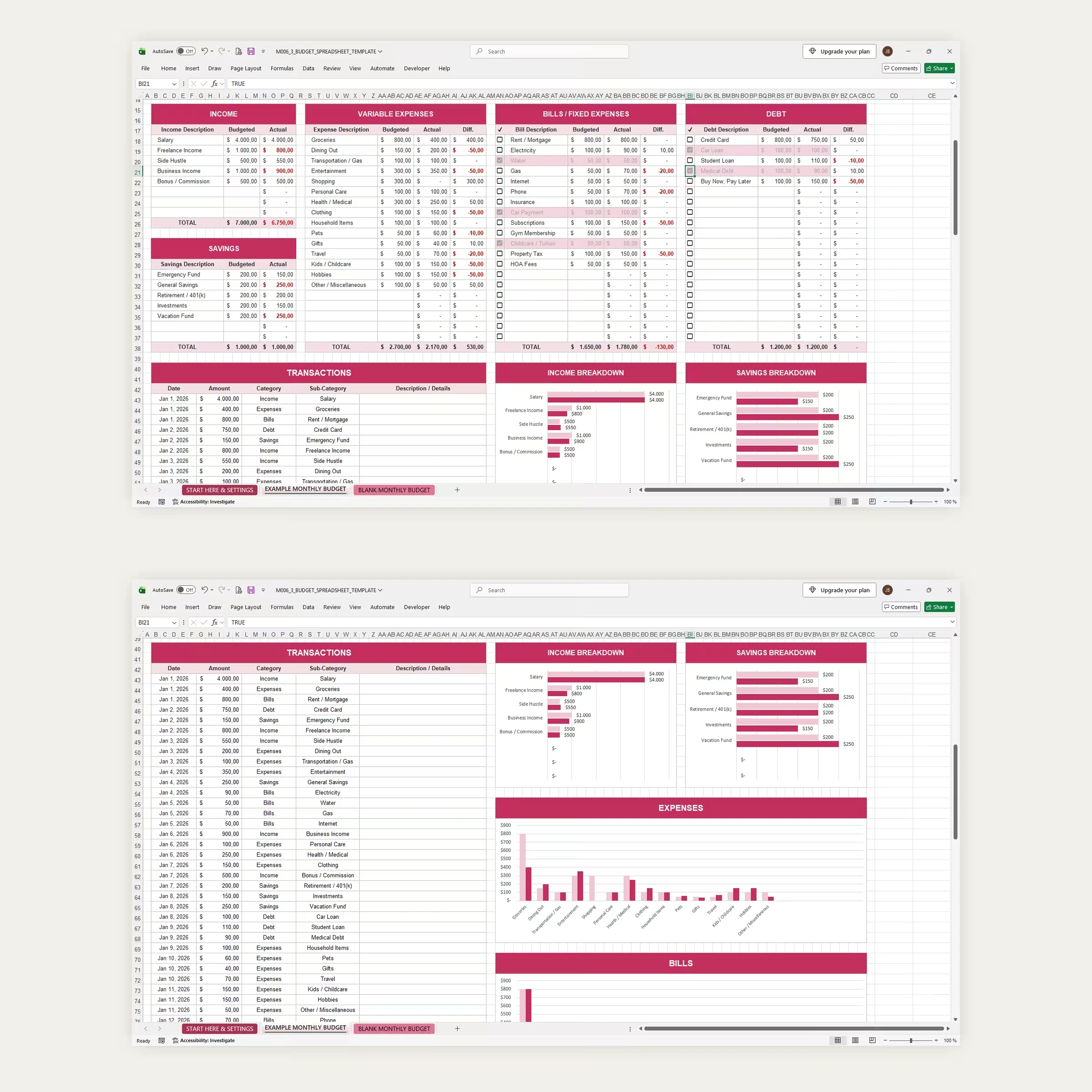 Monthly budget spreadsheet in Excel showing income, expenses, bills, debt, transactions and charts